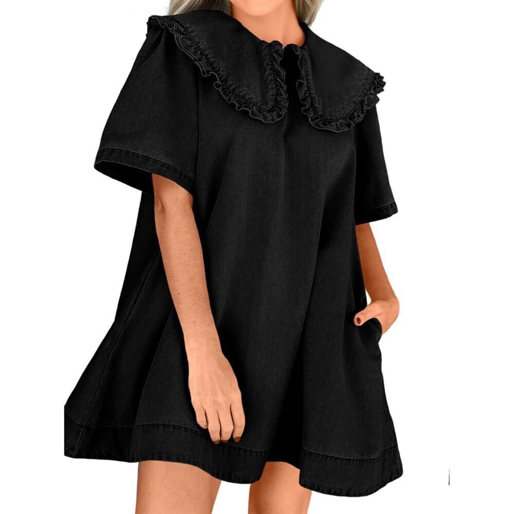 Women's Summer Denim Mini Dress Oversized Peter Pan Collar Casual Flowy